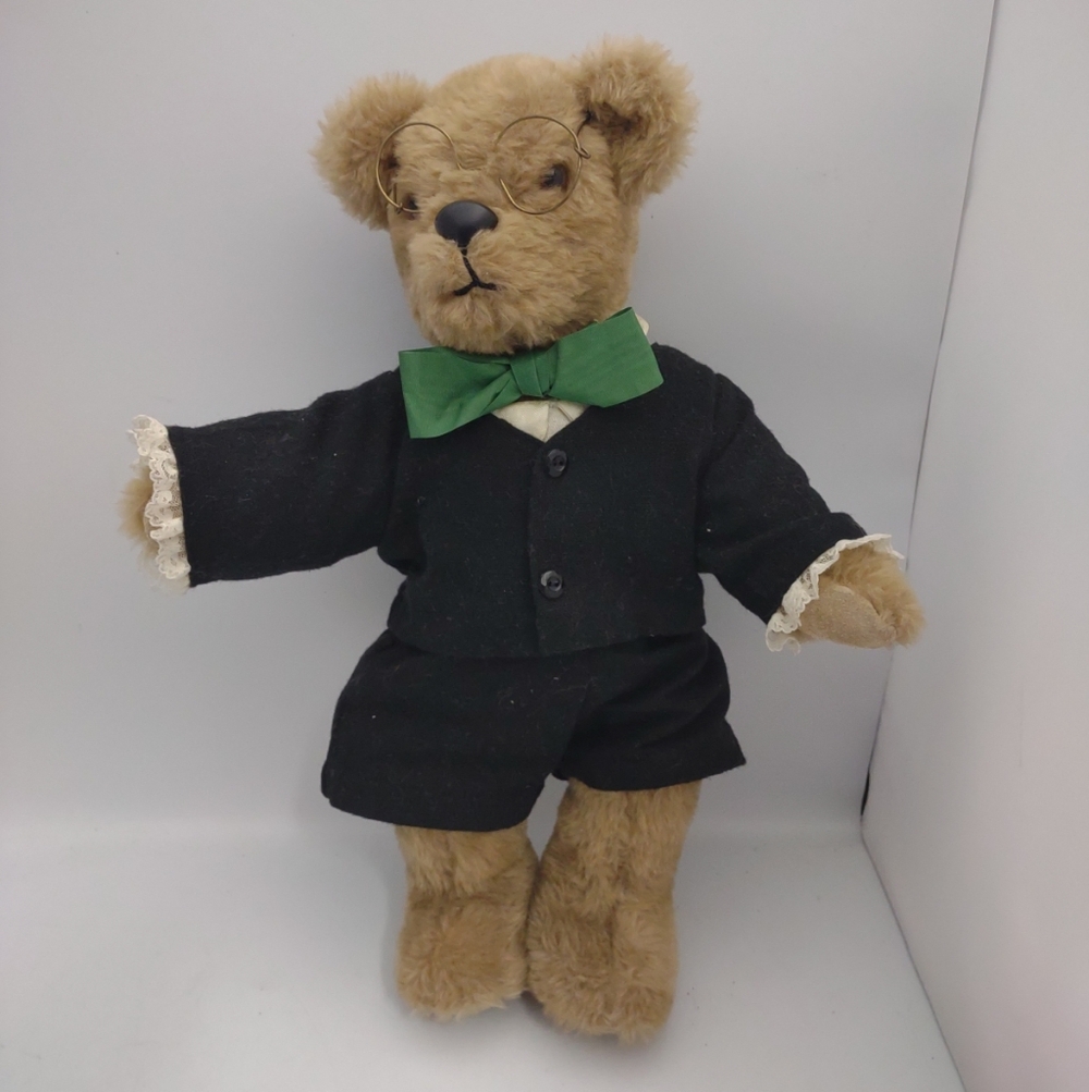 Vintage 17" Gund Bear Classic 1985 Short Suit Tuxedo Green Bow Tie Movable Joint